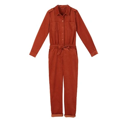 Women's Corduroy Drawstring-belt Shirt-style Jumpsuit